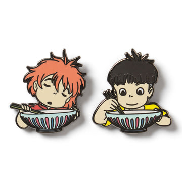 Two cartoon-style pins of children eating from bowls with chopsticks on a white background. Studio Ghibli's Ponyo lapel enamel pin set
